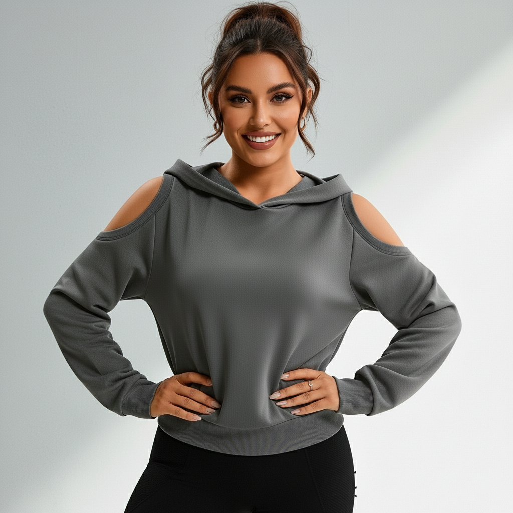 Moletom Cropped Fitness Feminino Ombros Vazados Com Capuz Tecido Leve Flex Urban Hoodie Cinza Ativa Wear