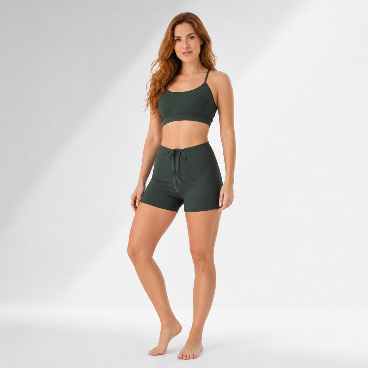 Conjunto Fitness Feminino 2 Peças Top e Short Canelado Forro Duplo Cós com Cordão | Ativa Wear
