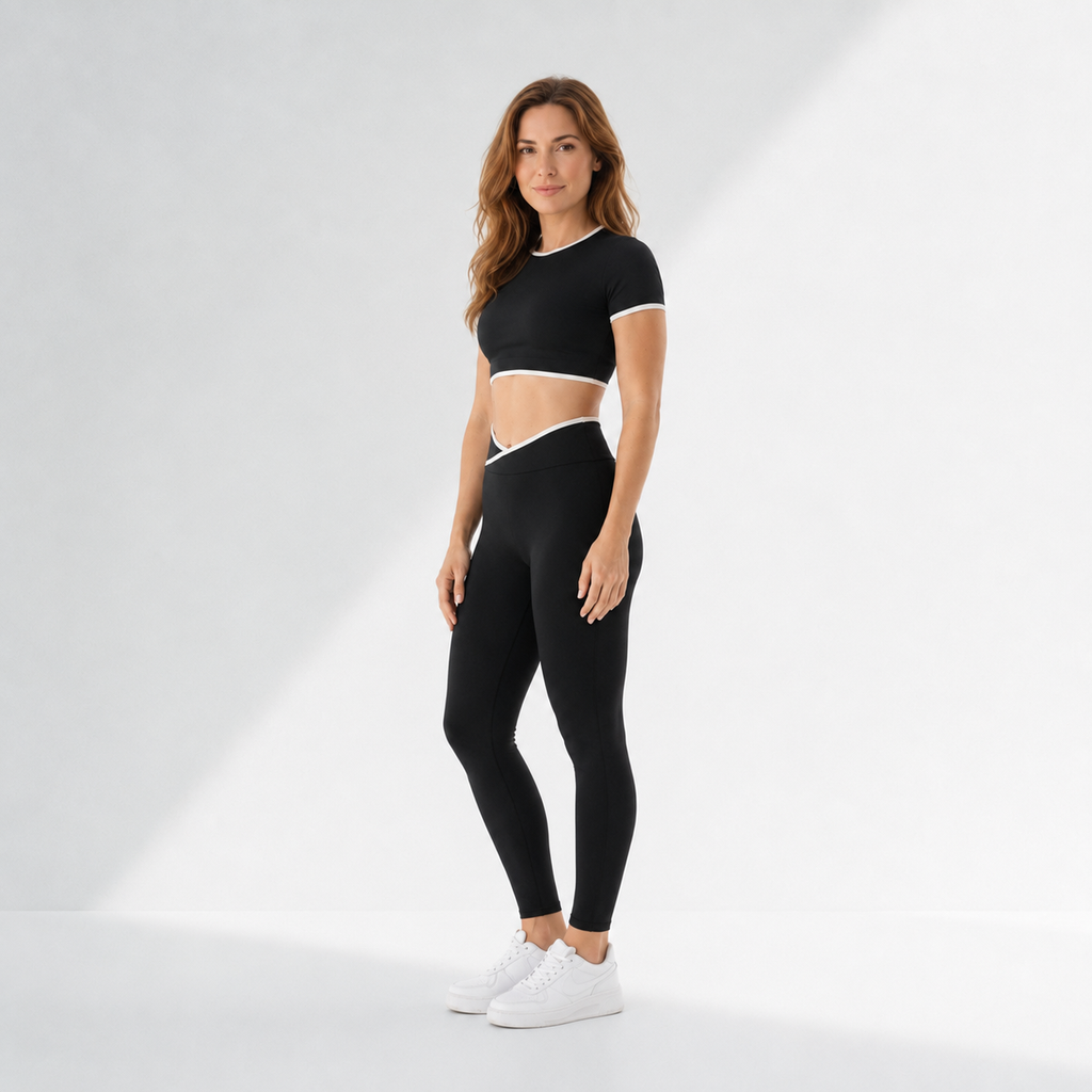 Conjunto fitness feminino cropped manga longa e legging cós cruzado Cinch - Ativa Wear