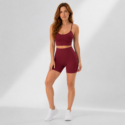 Conjunto Fitness Feminino 2 Peças Top Alça Cruzada Sem Costas Shorts Canelado Controle de Barriga Yoga Poliamida | Ativa Wear