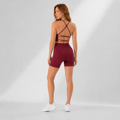 Conjunto Fitness Feminino 2 Peças Top Alça Cruzada Sem Costas Shorts Canelado Controle de Barriga Yoga Poliamida | Ativa Wear