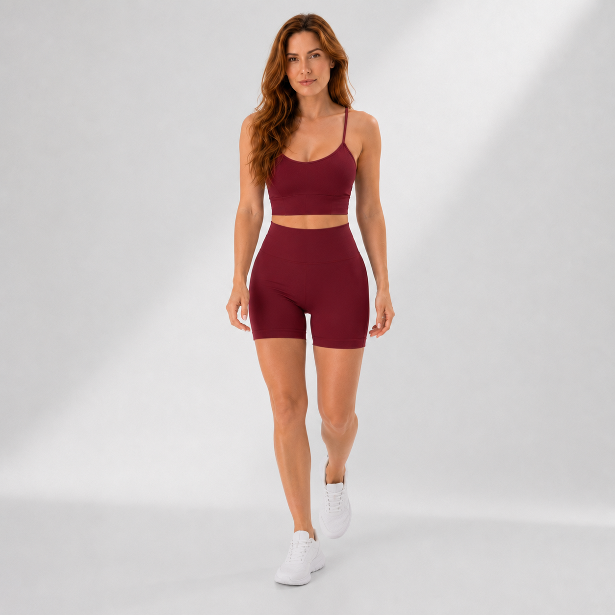 Conjunto Fitness Feminino 2 Peças Top Alça Cruzada Sem Costas Shorts Canelado Controle de Barriga Yoga Poliamida | Ativa Wear