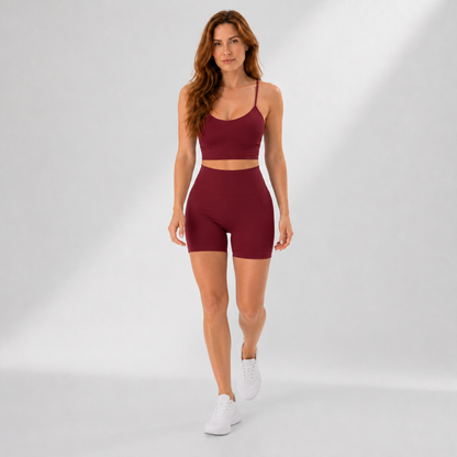 Conjunto Fitness Feminino 2 Peças Top Alça Cruzada Sem Costas Shorts Canelado Controle de Barriga Yoga Poliamida | Ativa Wear