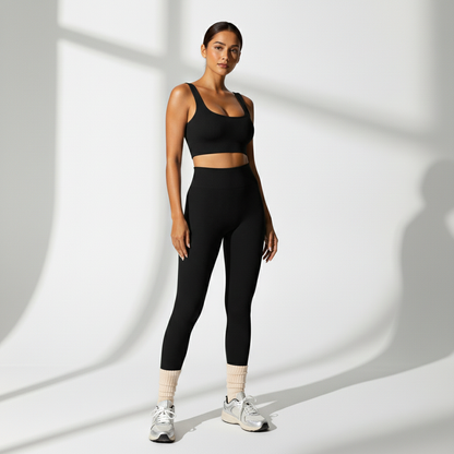 Conjunto Fitness Feminino 2 Peças Canelado Top e Legging Toque Macio Cós Alto Yoga Academia Poliamida | Ativa Wear