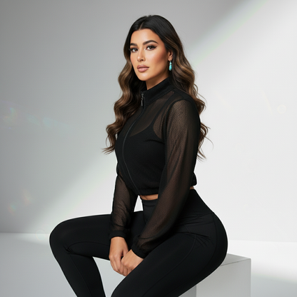 Jaqueta Fitness Feminina Tela Mesh Ventilação Ativa Compressão Respirável Treino Intenso Poliéster | Ativa Wear