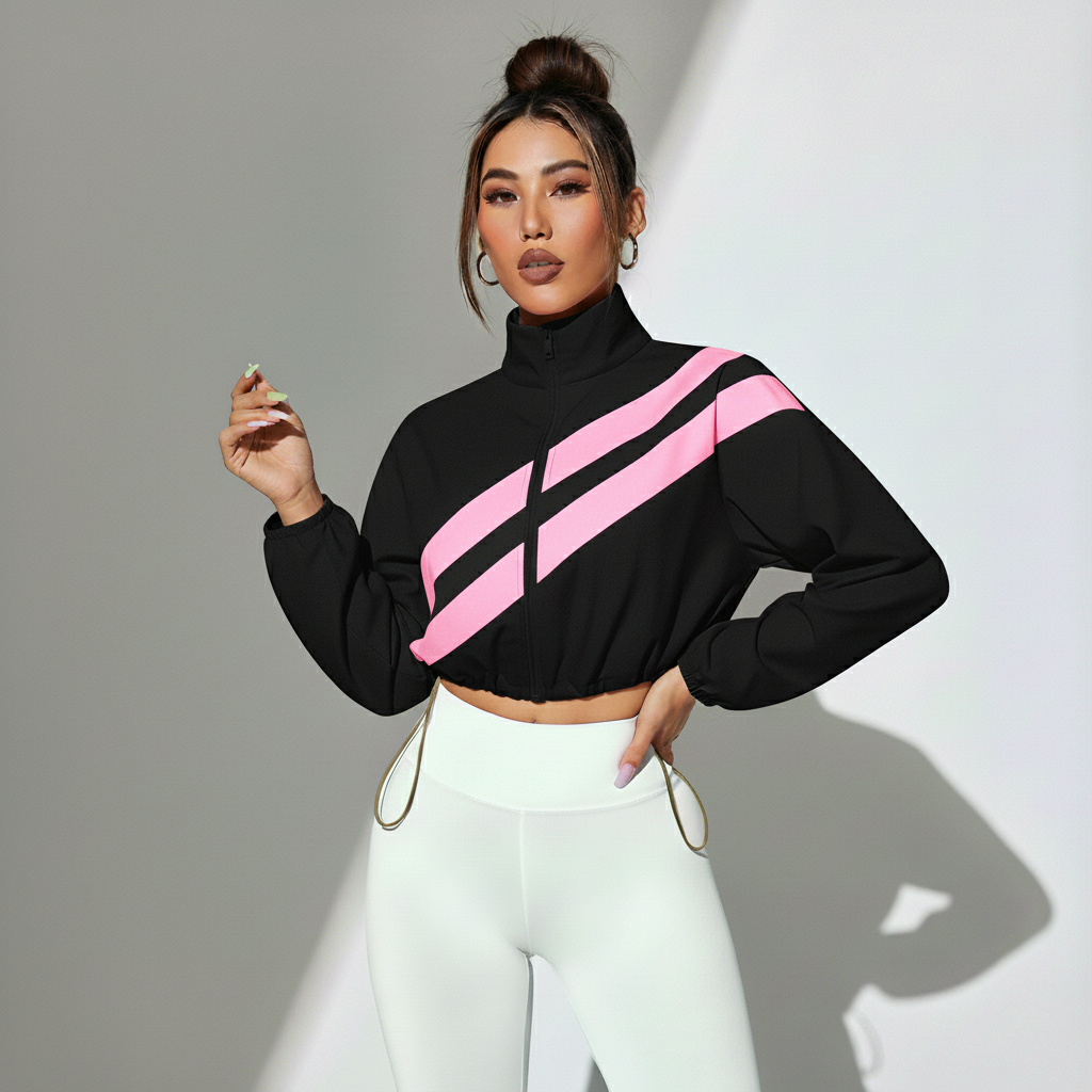 Jaqueta Fitness Feminina Track Estilo Pista Compressão Respirável Visual Esportivo Academia Poliéster | Ativa Wear
