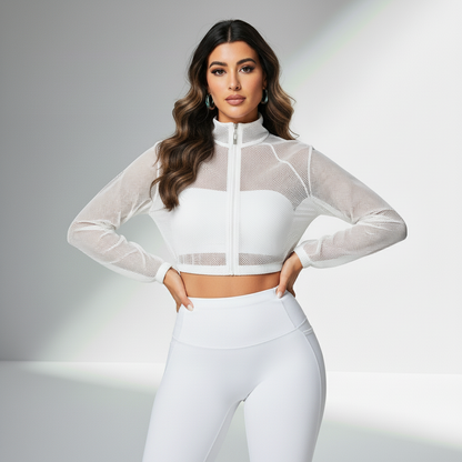 Jaqueta Fitness Feminina Tela Mesh Ventilação Ativa Compressão Respirável Treino Intenso Poliéster | Ativa Wear