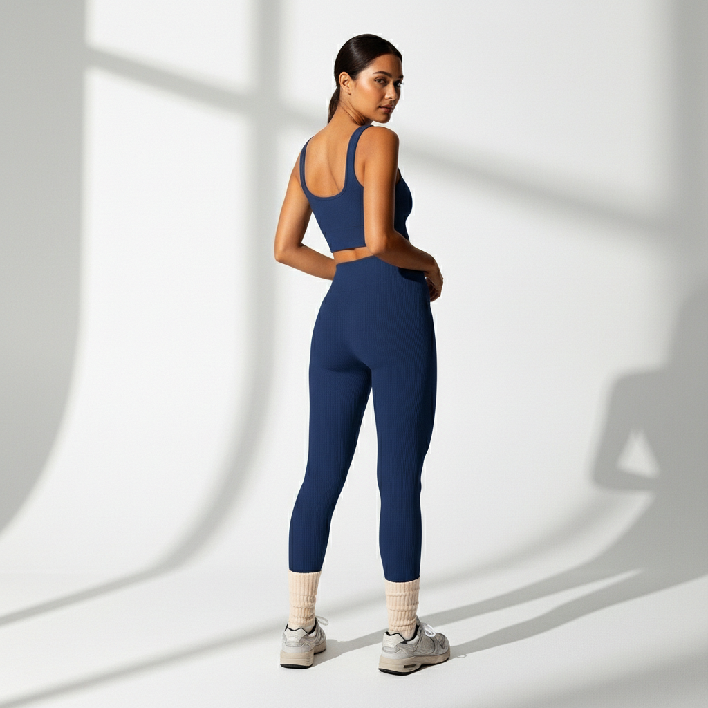 Conjunto Fitness Feminino 2 Peças Canelado Top e Legging Toque Macio Cós Alto Yoga Academia Poliamida | Ativa Wear