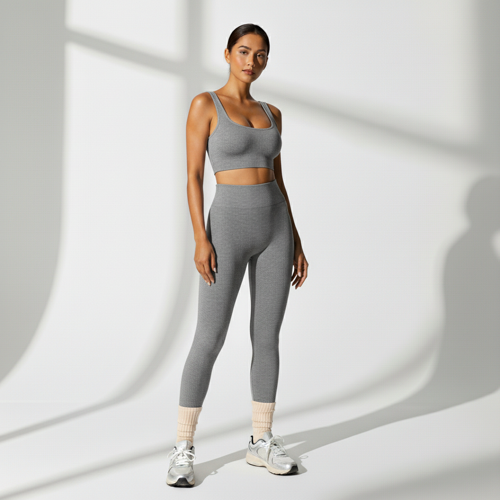 Conjunto Fitness Feminino 2 Peças Canelado Top e Legging Toque Macio Cós Alto Yoga Academia Poliamida | Ativa Wear