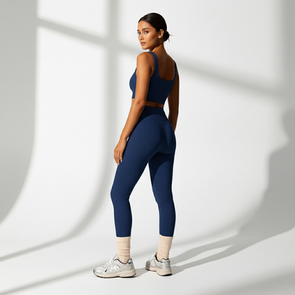 Conjunto Fitness Feminino 2 Peças Canelado Top e Legging Toque Macio Cós Alto Yoga Academia Poliamida | Ativa Wear