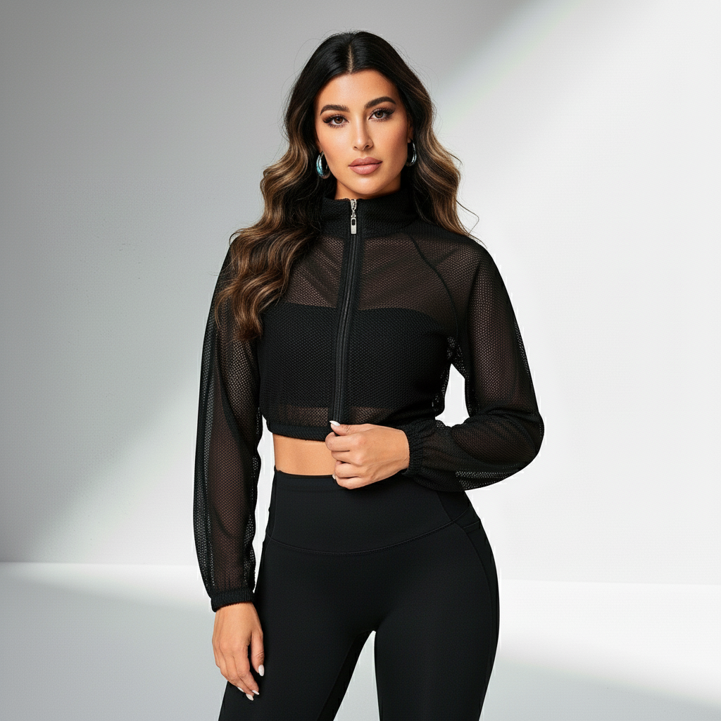 Jaqueta Fitness Feminina Tela Mesh Ventilação Ativa Compressão Respirável Treino Intenso Poliéster | Ativa Wear