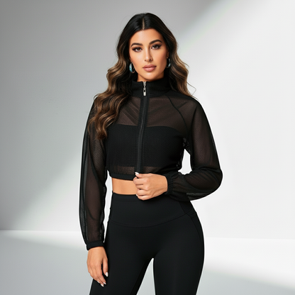 Jaqueta Fitness Feminina Tela Mesh Ventilação Ativa Compressão Respirável Treino Intenso Poliéster | Ativa Wear