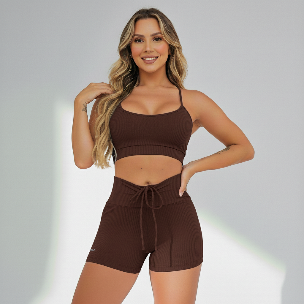 Conjunto fitness feminino top e short Vibe na cor Marrom – Ativa Wear