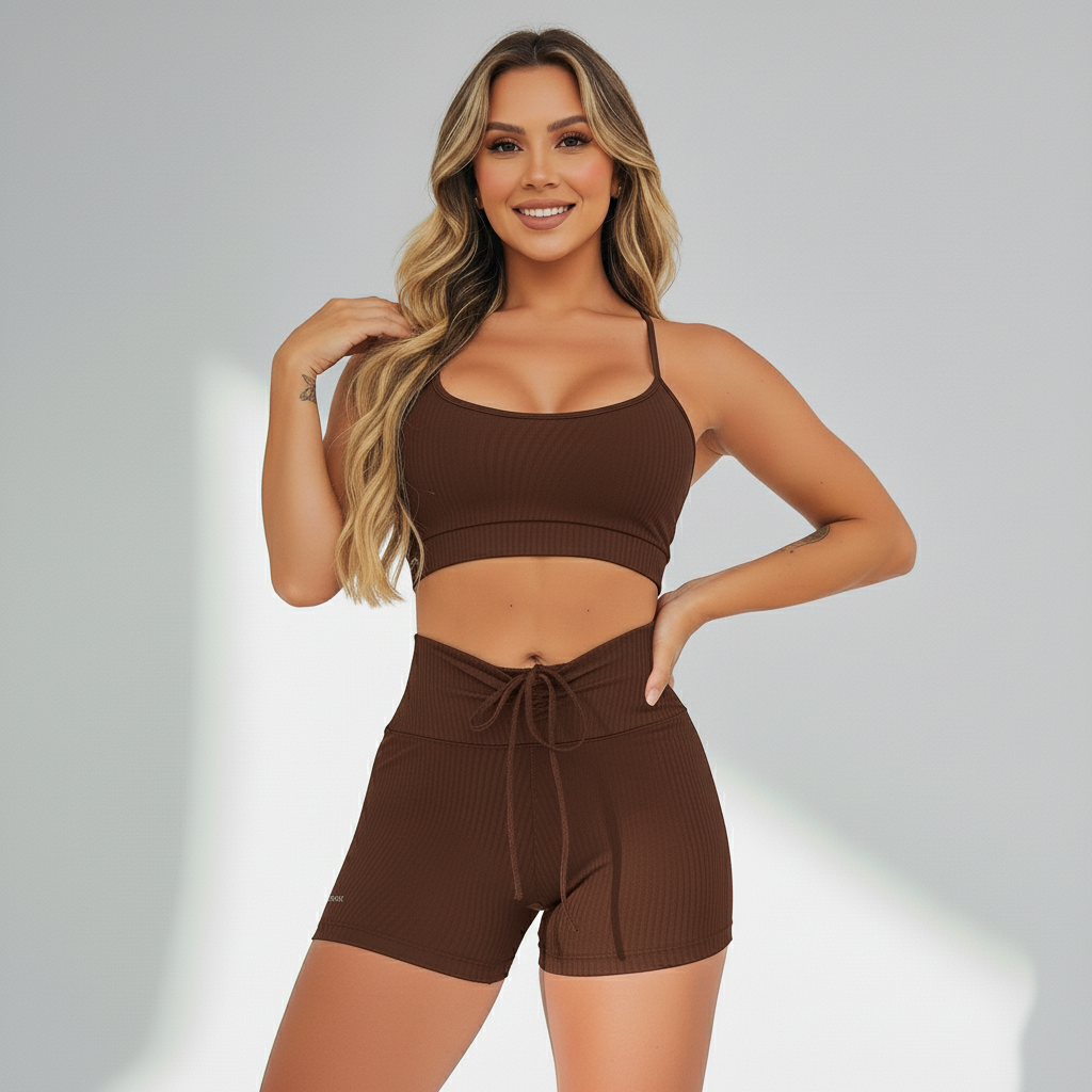Conjunto fitness feminino top e short Vibe na cor Chocolate – Ativa Wear
